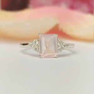 100% Natural Rose Quartz Romance Ring-Pink Quartz Vintage Engagement Ring-Emerald Cut Rose Quartz Ring Sterling Silver-Pink Promise Ring Her