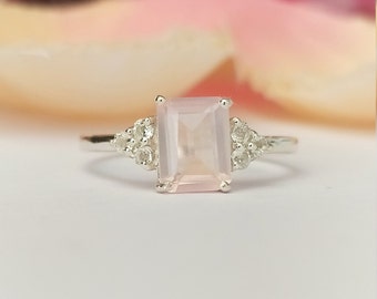 Emerald Cut Rose Quartz Ring: Sterling Silver Vintage Engagement