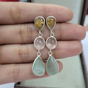 Natural Multi Gemstone Earrings-Silver Dangle Drops Earrings-Multicolor Statement Earring-Long Gemstone Earrings-Family Birthstone Earrings