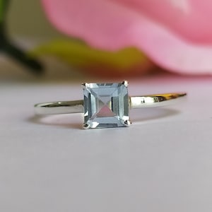 Sky Blue Aquamarine Sterling Silver Ring - Square Cut Birthstone