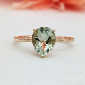 Natural Green Amethyst Ring: Pear Cut Prasiolite, Sterling Silver Solitaire