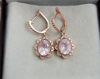 Natural Rose Quartz Earrings-Floral Wedding Earrings-Rose Gold Vermeil Earrings-Pink Quartz Dangle & Drop Earrings-Bridesmaid Gift for Her