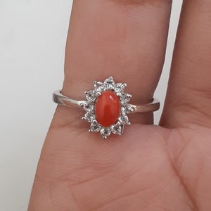 100% Natural Red Coral Ring-925 Solid Sterling Silver-Jewelry Handmade-Prong Set Oval Ring-Natural Red Coral & White Topaz Ring-Size-96