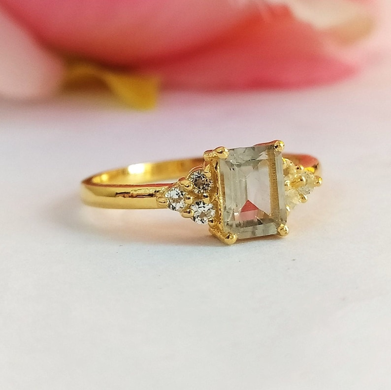 Natural Green Amethyst Ring-Natural Prasiolite Ring-Emerald Cut Amethyst Ring-Natural Amethyst Birthstone Solitaire Ring-925 Sterling Silver Gold Plated