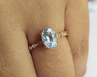 Unique Aquamarine Engagement Ring-Oval Cut Sky Aquamarine Solitaire Ring-Aquamarine Halo Ring-Aquamarine Vintage Ring-925 Sterling Silver