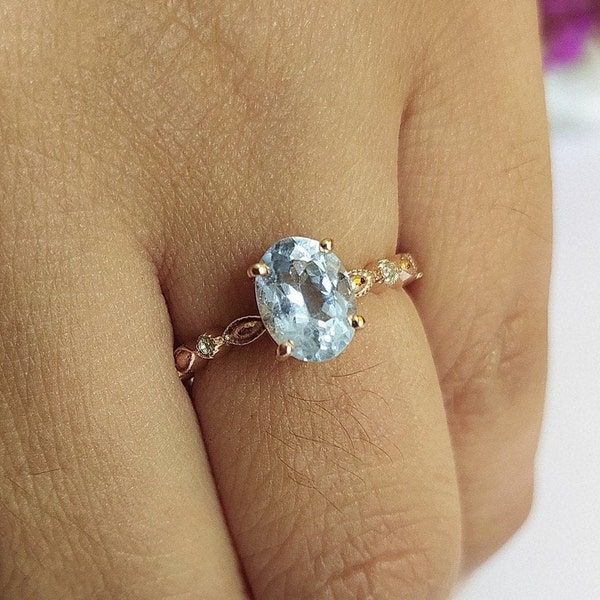 Unique Aquamarine Engagement Ring-Oval Cut Sky Aquamarine Solitaire Ring-Aquamarine Halo Ring-Aquamarine Vintage Ring-925 Sterling Silver