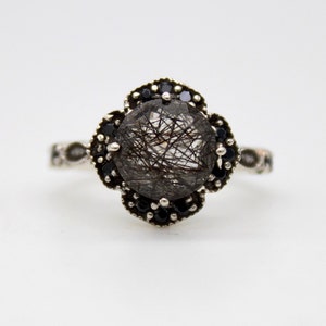 Unique Black Rutile Quartz Vintage Engagement Ring: Sterling Silver & Black Spinel Ancients Jewelry