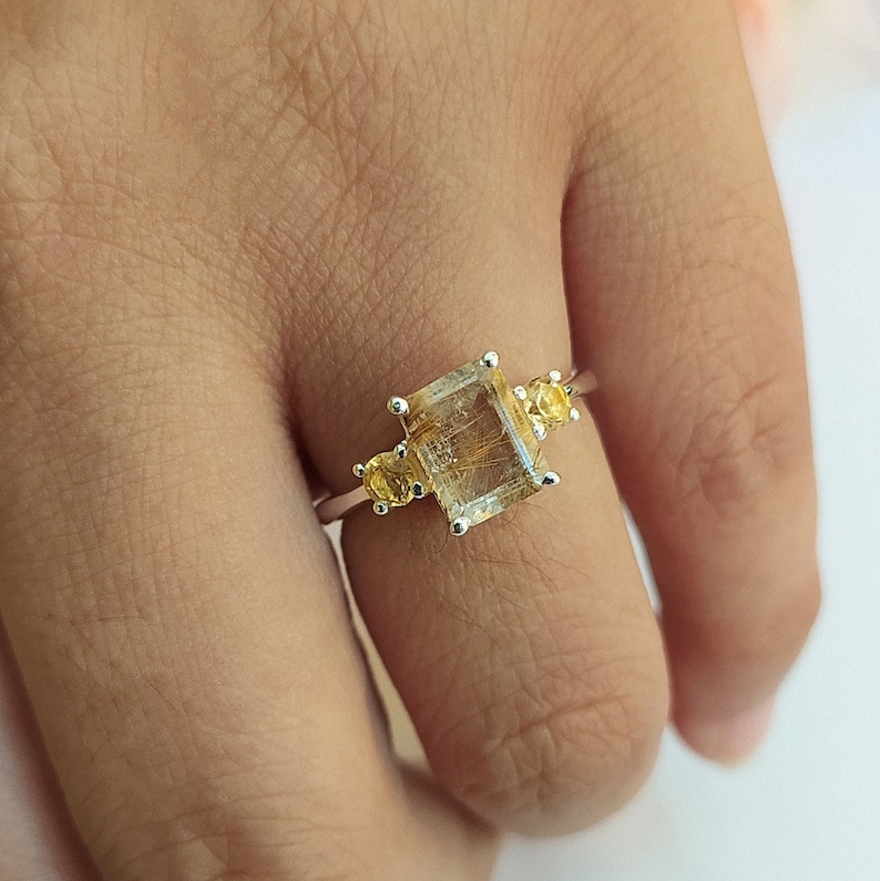 Golden Rutile Quartz Solitaire Ring, Sterling Silver Ring, Art Deco, Christmas Gift, Engagement Ring, Anniversary Gift, Women Accessories, Silver Ring, Jewelry for Women, Gift for Her, New Year Gift, Birthstone Ring, Thanksgiving Gift, Gemstone Ring