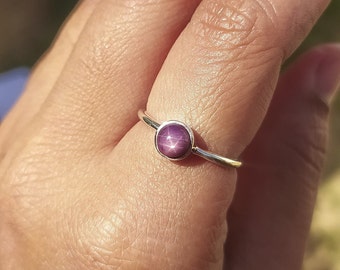 Star Ruby Stackable Ring: 925 Sterling Silver Round Cab Promise Ring