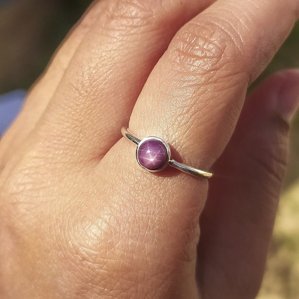 Unique Star Ruby Stackable Ring-Lovely Star Ruby Promise Ring-Star Ruby Round Cab Ring Set-925 Solid Sterling Silver-Purple Stackable Ring