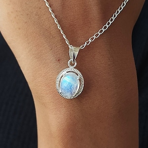 Rainbow Moonstone Sterling Silver Pendant Necklace - Oval Cabochon
