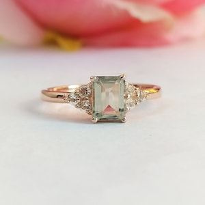 Natural Green Amethyst Ring-Natural Prasiolite Ring-Emerald Cut Amethyst Ring-Natural Amethyst Birthstone Solitaire Ring-925 Sterling Silver Rose Gold Plated