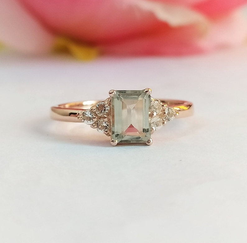 Natural Green Amethyst Ring-Natural Prasiolite Ring-Emerald Cut Amethyst Ring-Natural Amethyst Birthstone Solitaire Ring-925 Sterling Silver Rose Gold Plated