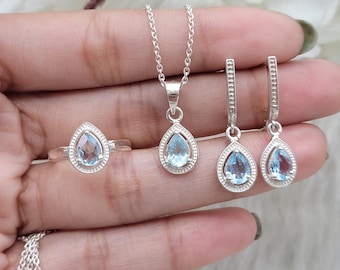 Natural Aquamarine Jewelry Set: Sterling Silver Necklace, Earrings & Ring