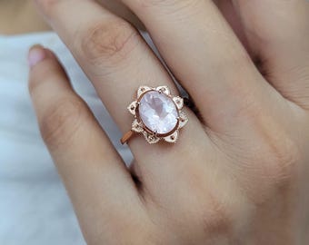 Natural Rose Quartz Ring-Pink Gemstone Ring For Her-Rose Gold Bridesmaid Ring-Quartz Promise/Anniversary Ring Woman-Floral Pink Quartz Ring