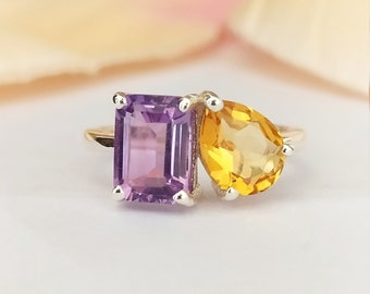 Unique Toi-Moi Ring-Lavender Amethyst & Golden Citrine Multi Ring-Multi Strone Anniversary Ring Silver-Designer Christmas Ring Gift For Her