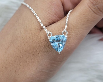 Natural Blue Topaz Necklace-Solitaire Bridesmaid Necklace-December Birthstone Necklace-Topaz Minimalist Necklace-Initial Necklace Gift Her