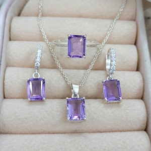 Amethyst Jewelry Set: Sterling Silver Ring, Earrings & Pendant - February Birthstone