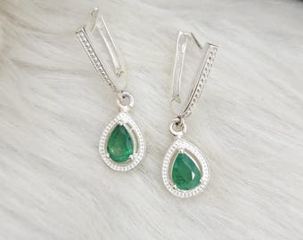 Emerald Art Deco Silver Earrings-Emerald Drop Dangle Earrings-May Birthstone Gift-Long Teardrop Earrings-Bridesmaid Earrings-Birthday Gifts