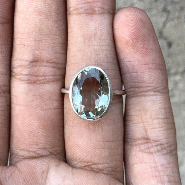 Natural Green Amethyst Ring: Sterling Silver Vintage Style, Prasiolite Cocktail Ring For Her