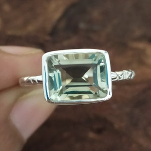 Emerald Cut Prasiolite Ring: Green Amethyst Sterling Silver Vintage Style