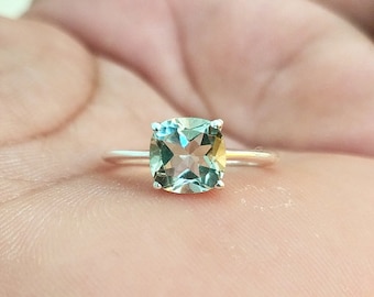 Green Amethyst Solitaire Ring: Cushion Cut Sterling Silver Promise Ring