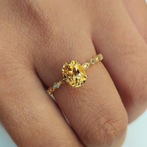 AAA Golden Citrine Solitaire Ring-Natural Citrine Halo Ring-Citrine Vintage Engagement Ring For Her-Citrine Wedding Ring-925 Sterling Silver