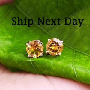 Golden Citrine Sterling Silver Stud Earrings: 6mm Round Birthstone