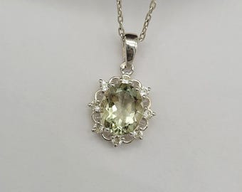 Green Amethyst Pendant: Oval Prasiolite, 925 Sterling Silver, White Topaz