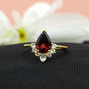 Designer Red Garnet Halo Ring-Unique Pear Cut Red Stone Ring For Love-Natural Garnet Anniversary Ring Silver-925 Sterling Silver Ring-R707
