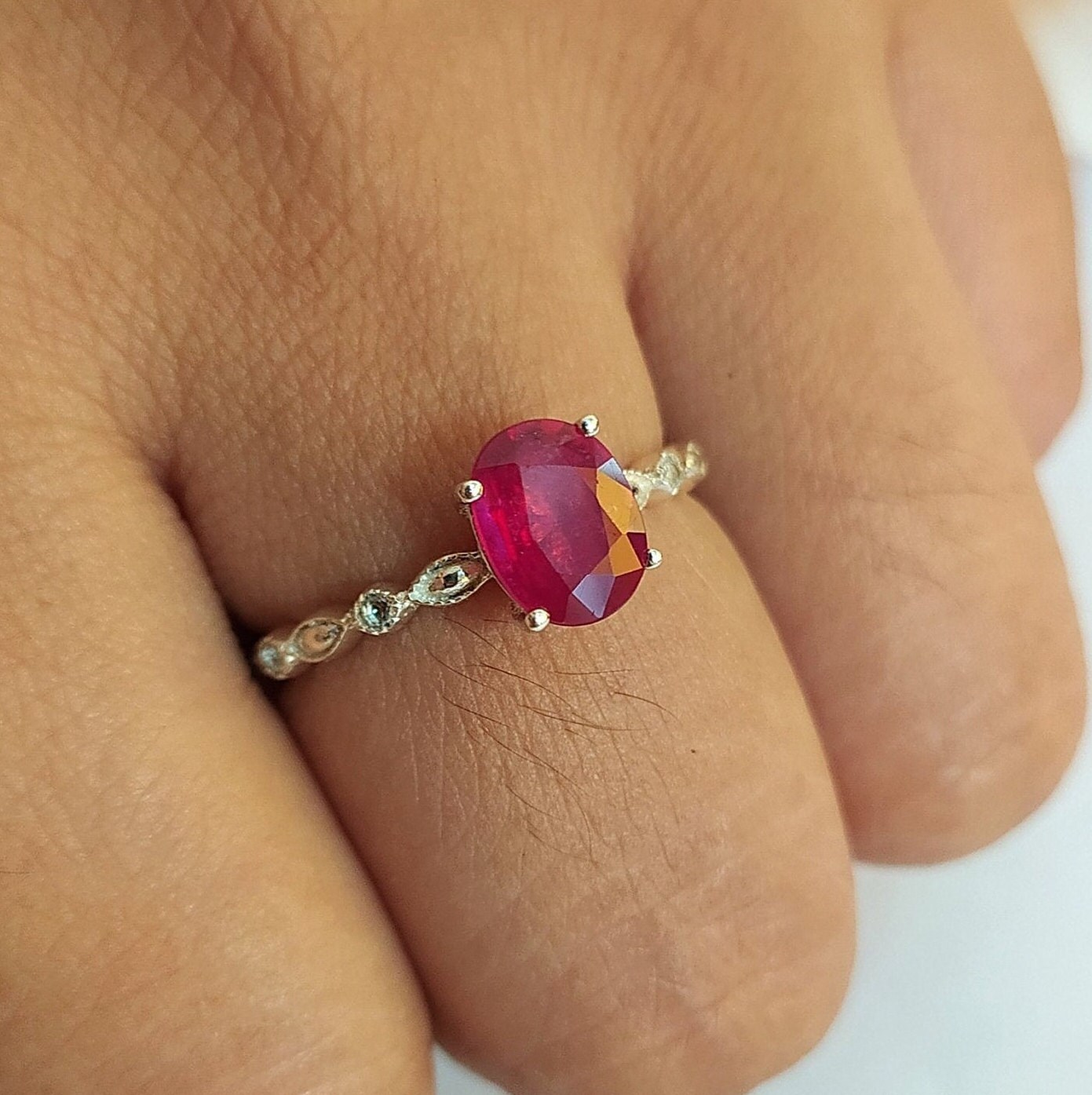 Dainty Ruby Engagement Ring: Sterling Silver, White Topaz Accents