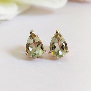 Green Amethyst Sterling Silver Stud Earrings - Pear Cut Gemstone