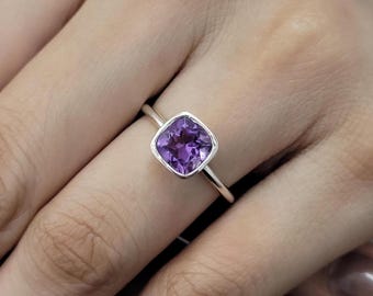 Cushion Cut Amethyst Solitaire Ring - Sterling Silver February Birthstone