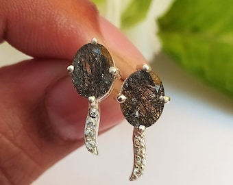Black Rutile Quartz Stud Earrings: Sterling Silver Halo, White Topaz