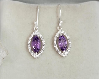 Genuine Amethyst Solid 925 Sterling Silver Earrings-February Birthstone-Charm Evil Eye Earrings-Marquise Cut Earrings-Engagement Earrings