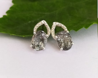 Black Rutile Quartz Stud Earrings: 925 Sterling Silver, Vintage Style