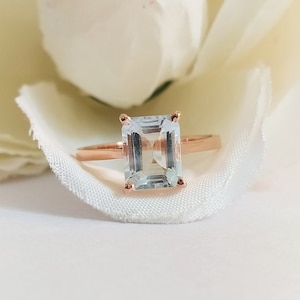 Emerald Cut Aquamarine Ring: Sterling Silver Solitaire Birthstone