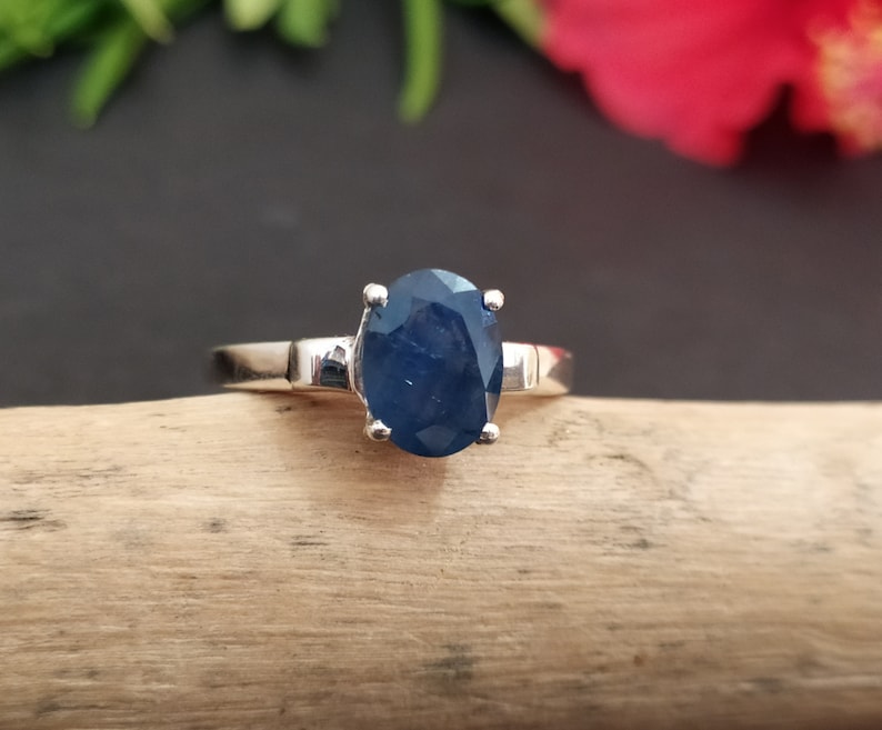 Natural Blue Sapphire Solitaire Ring-Sapphire Birthstone Ring Silver-Blue Sapphire Vintage Engagement Ring-925 Sterling Silver Jewelry Ring