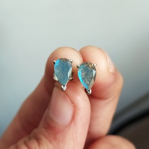 Blue Labradorite Stud Earrings: 925 Sterling Silver, Pear Cut