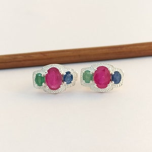 Emerald, Ruby & Sapphire Sterling Silver Earrings: Vintage Multi Gemstone Studs