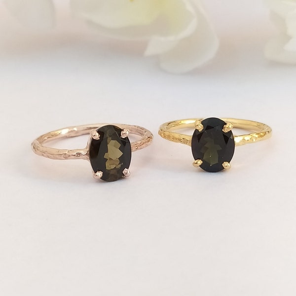 Tourmaline Gold Ring For-Dainty Black Tourmaline Ring-Dark Green Tourmaline Hammer Ring-Brown Tourmaline Stackable Ring 925 Sterling Silver