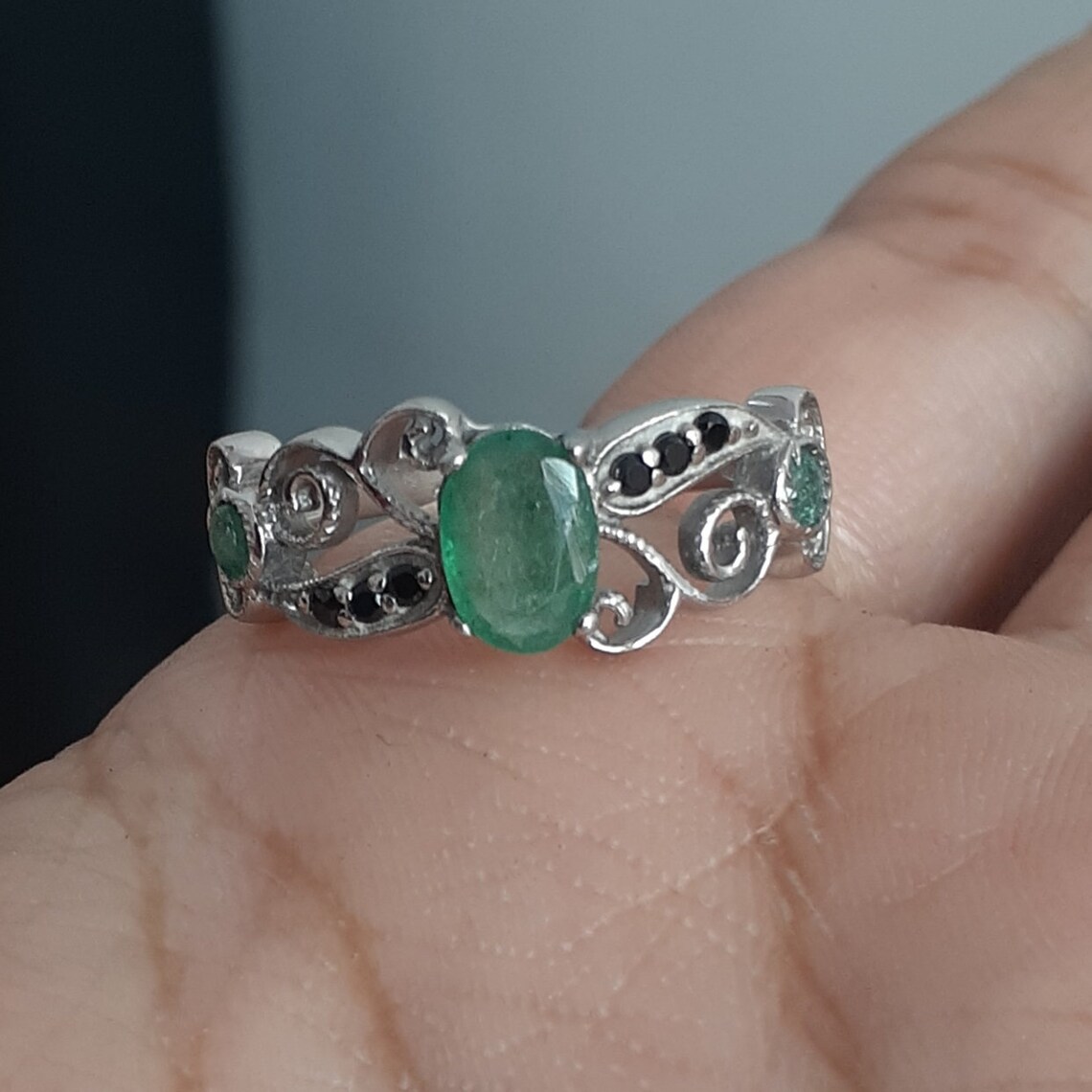 3.33 Carat Genuine Zambian Emerald & White Zircon Sterling Silver Ring - Oval Cut, .925 Silver - View #7
