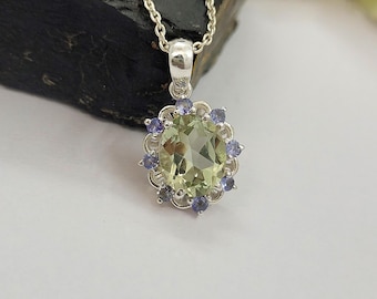 Green Amethyst & Tanzanite Pendant: Sterling Silver Prasiolite Necklace