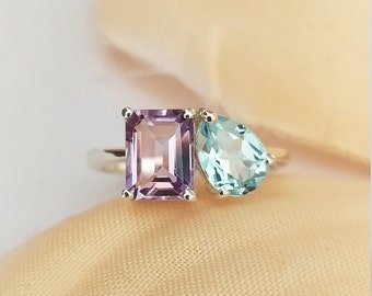 Stunning Toi and Moi Ring-Lavender Amethyst & Blue Topaz Multi Ring-Pear Cut Blue Topaz And Octagon Amethyst Toi-Moi Ring-Toi-Moi Multi Ring