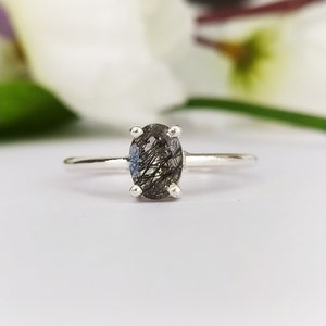 Unique Black Rutile Quartz Solitaire Ring-Black Rutilated Quartz Promise Ring-Black Rutile Vintage Ring For Her-925 Sterling Silver-603