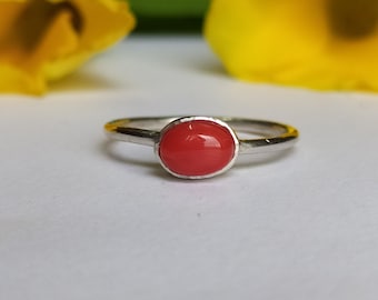 Natural Red Coral Sterling Silver Ring: Stackable Bezel Solitaire