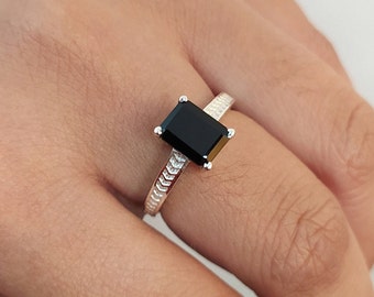 Emerald Cut Black Spinel Ring: Vintage Solitaire, 925 Sterling Silver