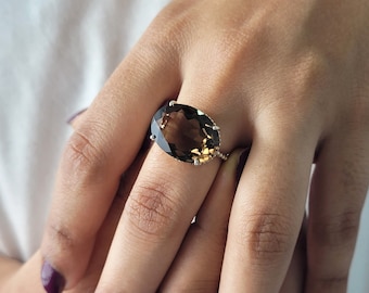 Natural Smoky Quartz Cocktail Ring: Handmade 925 Sterling Silver, Oval Cut Brown Gemstone
