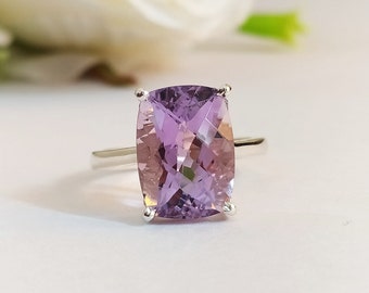 Checkerboard Amethyst Solitaire Ring: 925 Sterling Silver, Cushion Cut Handmade Jewelry