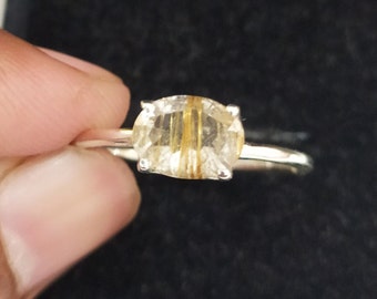Golden Rutile Quartz Ring: 925 Sterling Silver Solitaire Ring